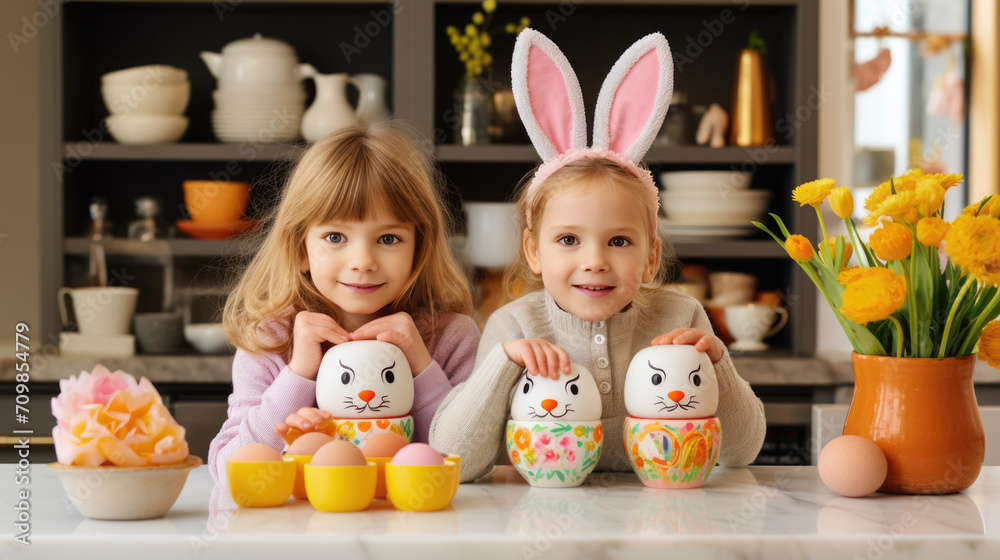 Fototapeta premium Young children with bunny ears and Easter-themed face stickers are smiling at the camera, surrounded by Easter eggs and decorations in a bright home kitchen setting