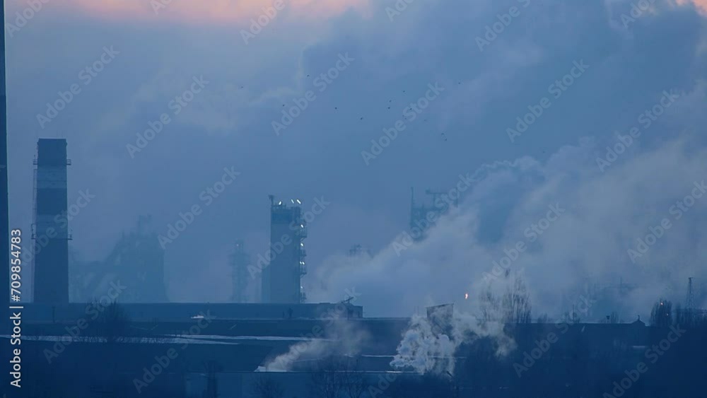 Smoke, gas and steam industry. Heavy industry. Smoking chimneys. Toxic substances. Metallurgical factory background. Poisoned air. Damage to nature. Cause of global warming. Blue background. Smoke, gas and steam industry. Heavy industry. Smoking chimneys. Toxic substances. Metallurgical factory background. Poisoned air. Damage to nature. Cause of global warming. Blue background.