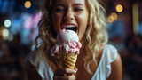 closeup fashion portrait of young hipster crazy girl eating ice cream