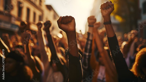 Photo of a group of black people with raised fists as a sign of fighting for their rights © DimaSabaka