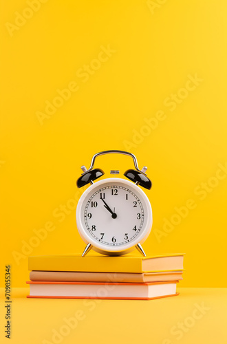 alarm clock on books on yellow background, illustration minimalism for business book created with Generative Ai