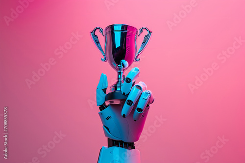 Robot's hand holds up a trophy. aigenerated. photo