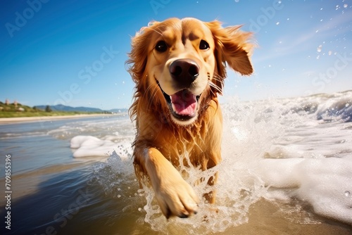 Joyful Golden Retriever Playing in the Sea Spray at the Beach © Andrii