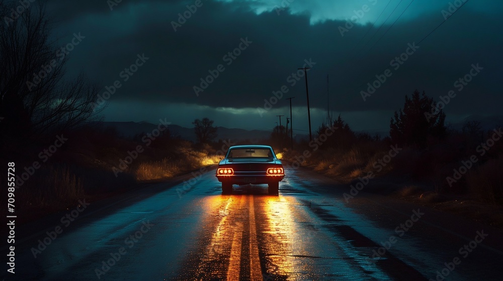 Mystic Journey: Car on a Foggy Road at Night. Generative ai Mystic Journey: Car on a Foggy Road at Night. Generative ai