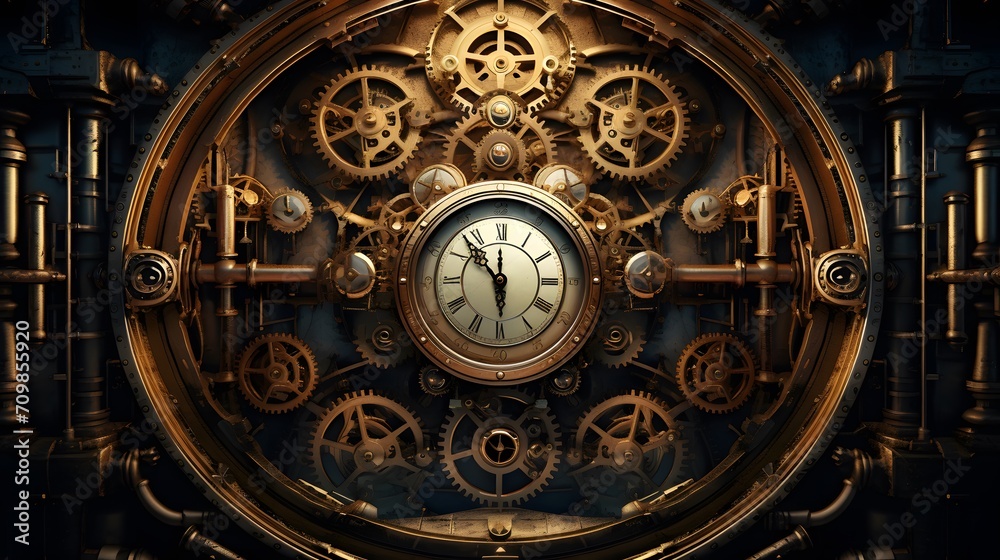 A steampunk style with gears pipes and clocks