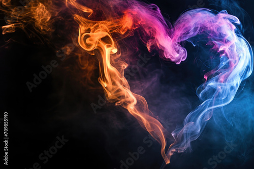 Heart made of colourful smoke on a black background, Valentine concept, copy space 