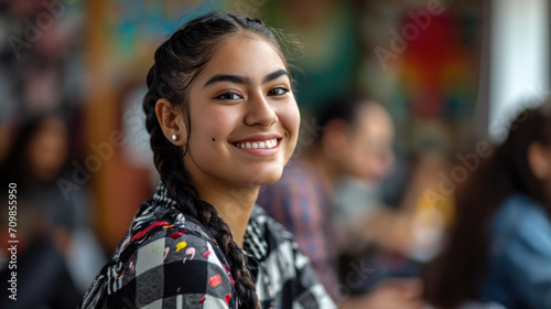 Joyful young artist with paint on her face and clothes is standing in a colorful art studio filled with paintings.