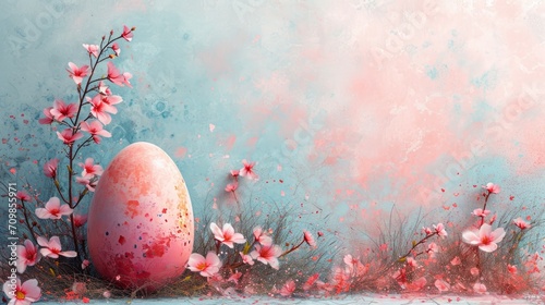 Easter egg in pastel colors illustration. Watercolor style. Beautiful Easter Egg with abstract flowers pattern inside. Copy space for text. For banners, children books, invitations. 