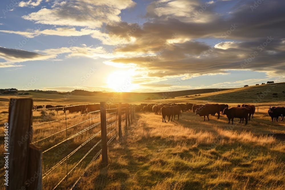 Herd of Cattle Grazing in a Golden Field at Sunset