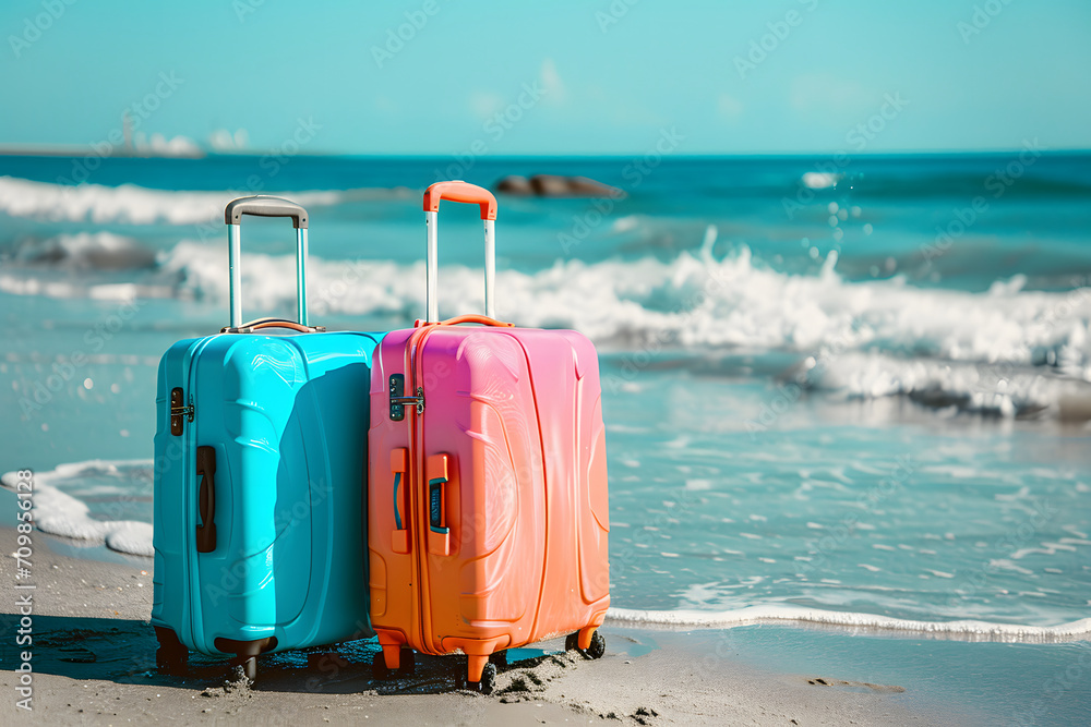 Tropische Reiseträume: Reisegepäck am Sandstrand in tropischen Gefilden, eine idyllische Szene voller Sommerfreuden und Urlaubsträume Tropische Reiseträume: Reisegepäck am Sandstrand in tropischen Gefilden, eine idyllische Szene voller Sommerfreuden und Urlaubsträume