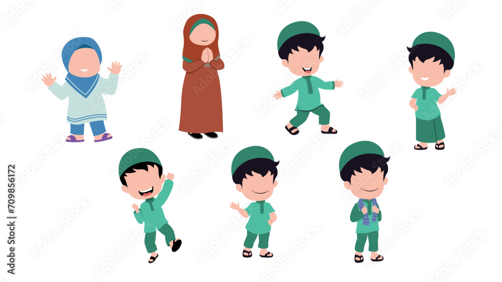 set cute isolated muslim characer. chibi style character design. set cute isolated muslim characer. chibi style character design.