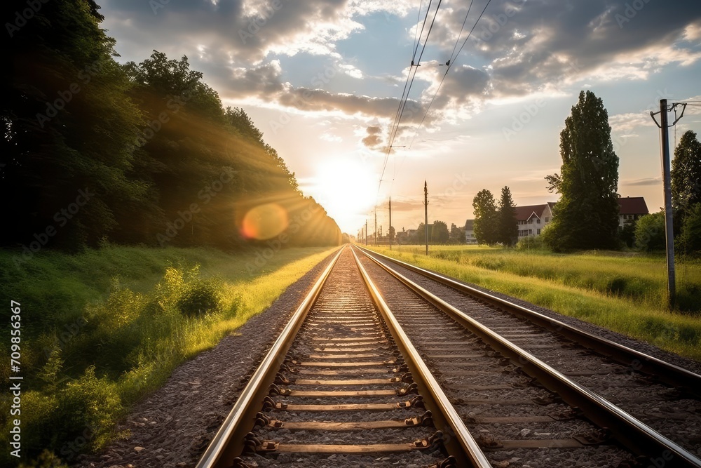 Fototapeta premium Sunrise on the Railroad Tracks with Lush Greenery