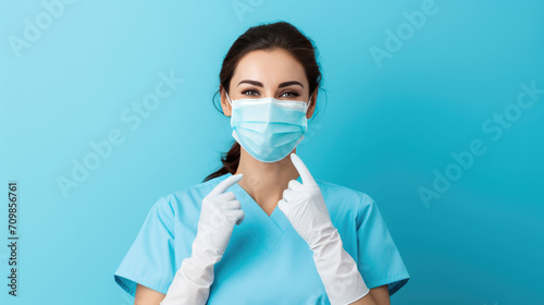 Female healthcare professional with a confident smile, wearing a surgical mask and sterile white gloves, standing against a blue background