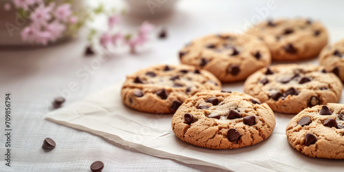 Chocolate Chip Cookies on white kitchen background with copy space. Freshly baked chocolate chip cookie.
