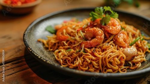 Fried noodle with fried shrimps as toping. served in the plate © Tirtonirmolo
