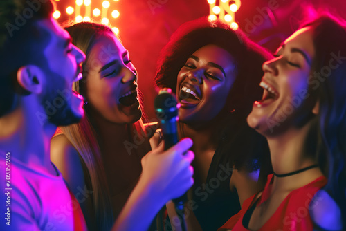 Gemeinsame Melodien: Karaoke singende Menschen verwandeln einen Raum in einen fröhlichen musikalischen Treffpunkt, ein Bild des gemeinsamen Gesangserlebnisses