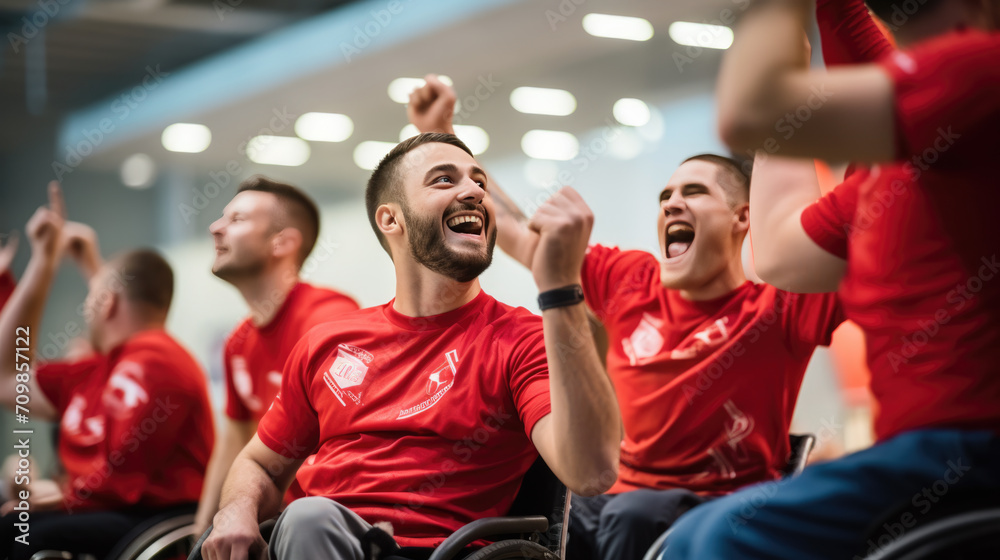Group of athletes in red sports jerseys, all in wheelchairs, celebrating enthusiastically with raised fists and joyful expressions, likely after a victory in a sports event. - obrazy, fototapety, plakaty 