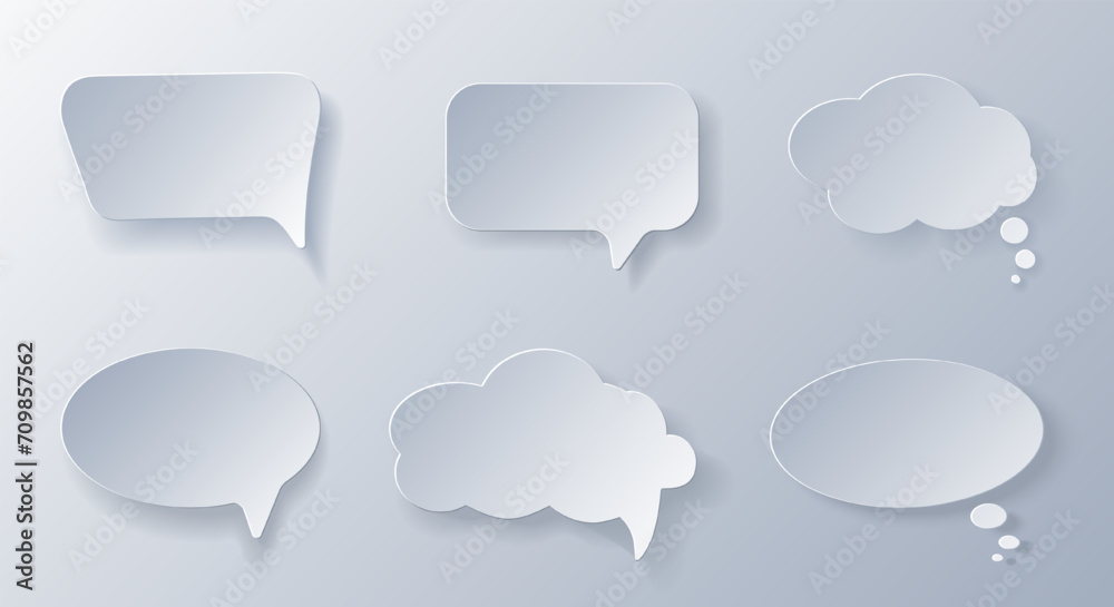 Papercut Grey White Speech Bubbles. 3D Papercraft cut talk frame icon for posters and flyers, presentation, web, social media, design, banner, stickers and stories. Papercut Grey White Speech Bubbles. 3D Papercraft cut talk frame icon for posters and flyers, presentation, web, social media, design, banner, stickers and stories.