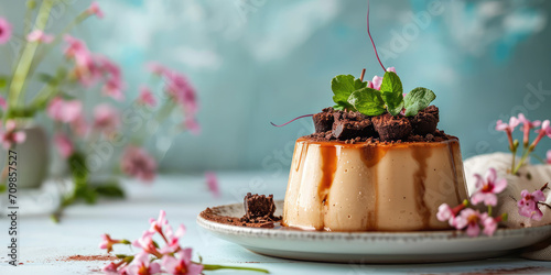 Closeup cake chocoflan, flan with chocolate, choco mousse sponge cake, delicious sweet dessert on light kitchen background with copy space. photo