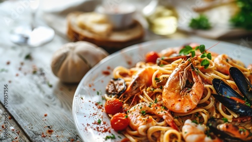 Italian home made pasta with fresh seafood served in the plate on white table.