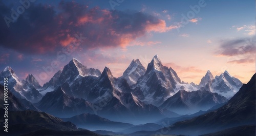 A scene of refined mountain peaks silhouetted against the twilight sky, evoking a sense of elegant grandeur - Generative AI
