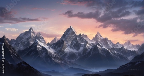 A scene of refined mountain peaks silhouetted against the twilight sky  evoking a sense of elegant grandeur - Generative AI