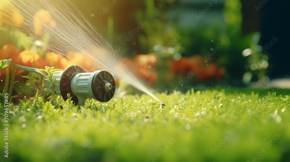Automatic lawn sprinkler watering green grass. Sprinkler with automatic system. Garden irrigation system watering lawn. Water saving or water conservation from sprinkler system with adjustable head. - obrazy, fototapety, plakaty 