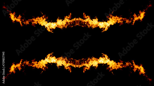 Copy space between two fire shapes, flame frame isolated on black