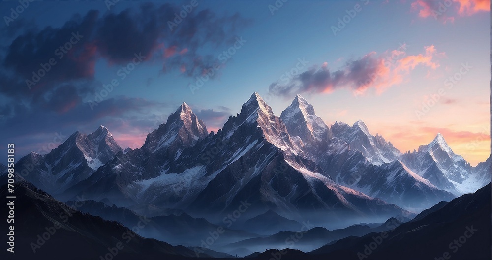 A scene of refined mountain peaks silhouetted against the twilight sky, evoking a sense of elegant grandeur - Generative AI