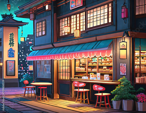 a beautiful japanese tokyo city ramen shop restaurant bar in the dark night evening. house at the street. anime cartoonish art style