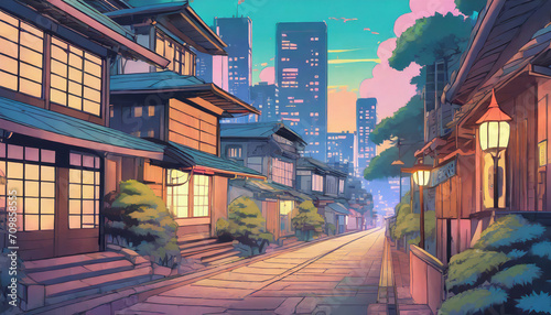 a beautiful japanese tokyo city town in the evening. houses at the street. anime comics artstyle. cozy lofi asian architecture