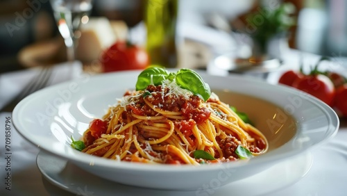 Spaghetti bolognese served in the white plate on the white table