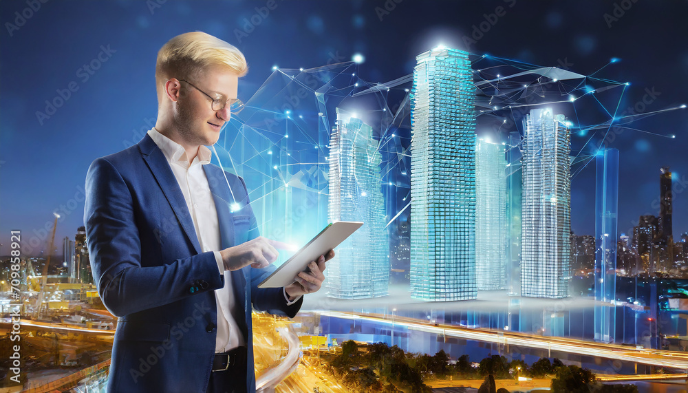 Fototapeta premium a man using digital tablet, and modern buildings hologram. Real estate business and building technology concept
