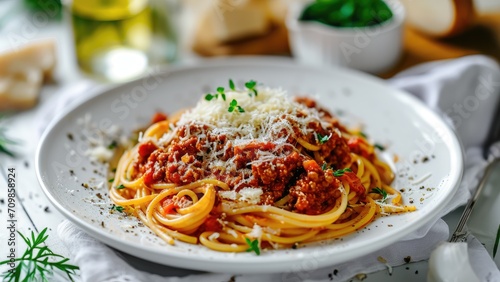 Spaghetti bolognese served in the white plate on the white table
