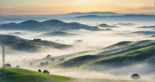 A scene of soothing fog blanketing rolling hills, where refined contours emerge from the elegant mist - Generative AI