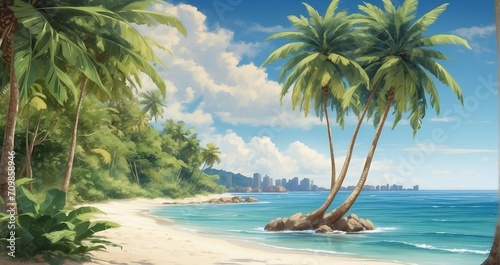 A secluded beach in a tropical paradise  where the sand is as soft as silk and the palm trees sway gently in the warm breeze - Generative AI