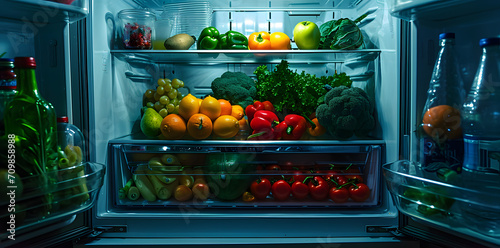 Full Open Refrigerator Or Fridge At Night In Kitchen