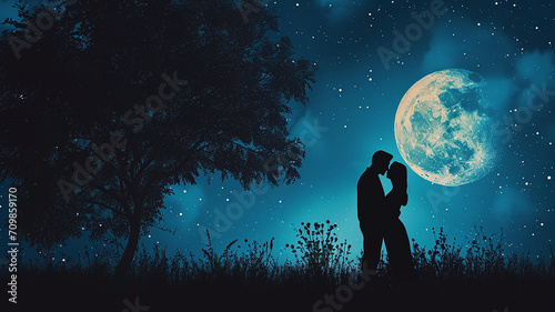 Couple Romance Night Blue light Big moon Valentines day background 