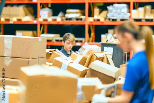Effiziente Paketsortierung: Arbeiter in einer modernen Sortieranlage für schnellen Versand