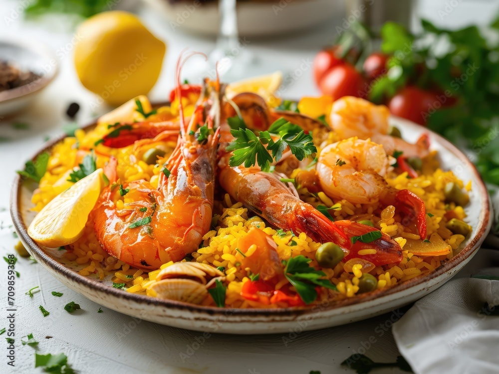 Traditional Spanish paella with shrimps and chicken as toping. Served in the plate on wooden table.. Traditional Spanish paella with shrimps and chicken as toping. Served in the plate on wooden table..