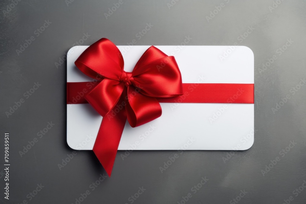 White envelope, gift card, voucher with red bow isolated on gray background. View from above. Gift card. Birthday. Valentines day. White envelope, gift card, voucher with red bow isolated on gray background. View from above. Gift card. Birthday. Valentines day.