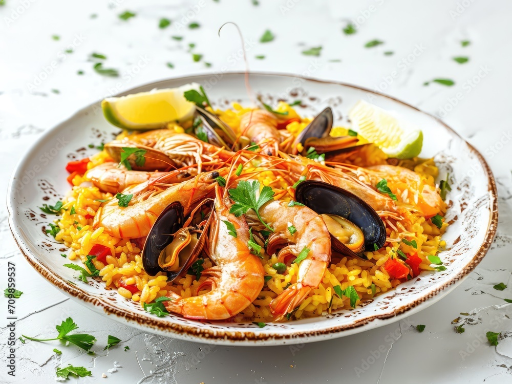 Traditional Spanish paella with shrimps and chicken as toping. Served in the plate on wooden table..