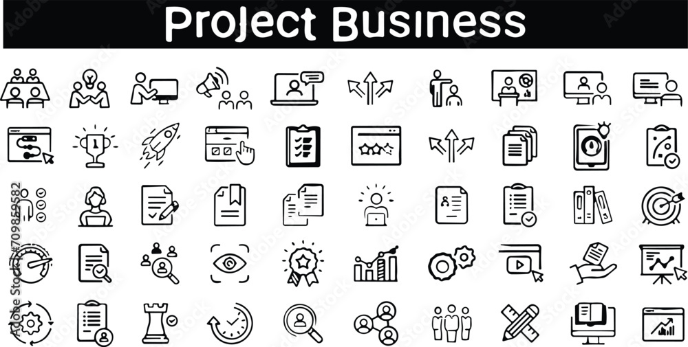 Project Business line icons set. Presentation, business, seminar, partnership, goals, meeting, whiteboard, conference, plan icons. Vector