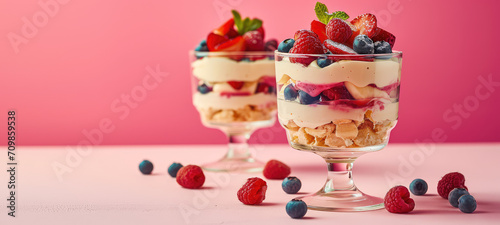 Layered trifle with fresh berries and cream on a pastel background. Decadent Berry Trifle Delight on kitchen background with copy space for text. photo