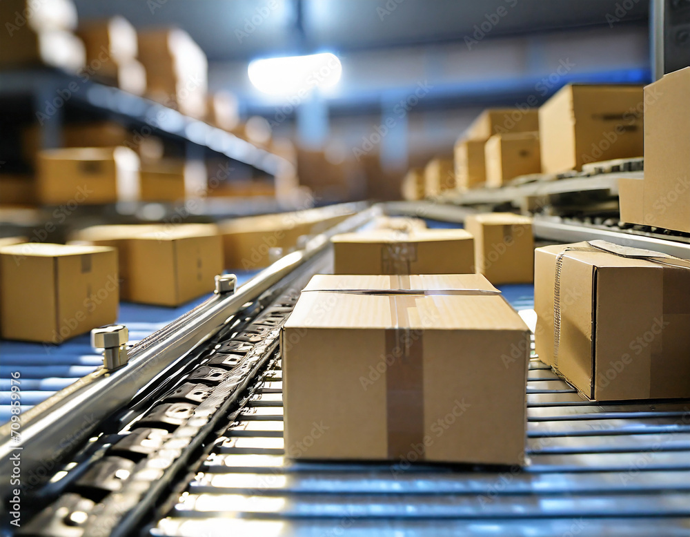 Closeup of multiple cardboard box packages smoothly gliding along a conveyor belt in a modern warehouse fulfillment center, capturing the essence of e-commerce, delivery & automation