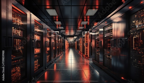 Modern server room showcases a high-tech marvel of computing infrastructure, where sleek hardware, intricate cabling, and advanced technology converge to power the digital world's connectivity and