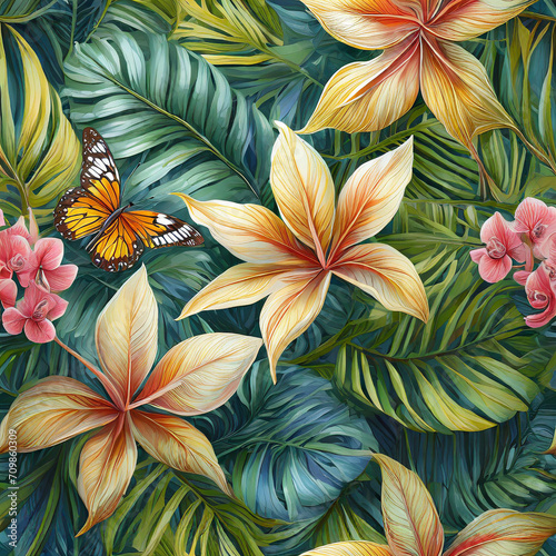 Exotic tropical pattern. Luxurious wallpaper with tropical flowers  leaves  butterflies. Hand drawn 3d illustration for fabric  wallpaper  paper