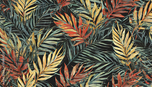 Exotic tropical pattren. Tropical palm leaves dark background. Hand drawing 3d illustration. Dark tropical leaves wallpaper. Great for fabric, wallpaper, paper design