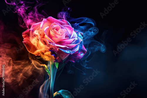 Rose made of colourful smoke on a black background , copy space 
