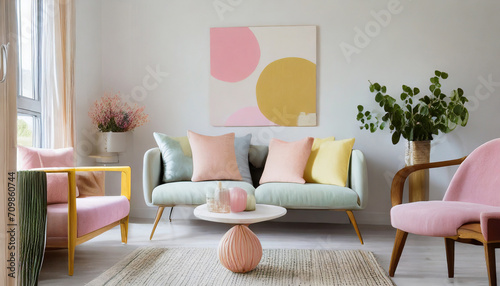 Feminine Nordic mid-century modern room. Soft pastels, iconic furniture. Mid-century decor, clean lines. Feminine mid-century details like pastel cushions and abstract art add a touch of elegance.